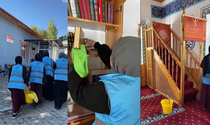 Yurt öğrencileri Terzi Baba'da cami temizliğine destek verdi