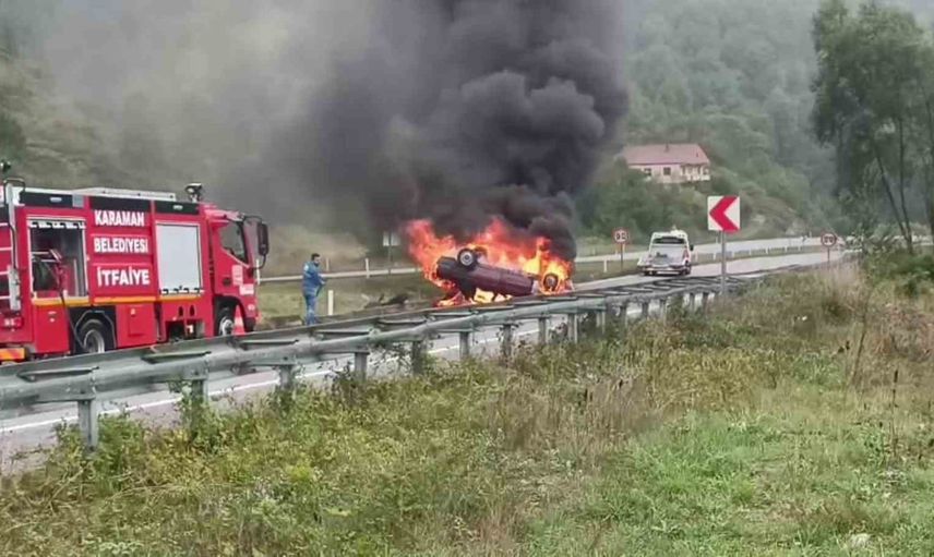 Zonguldak'ta Sapça mevkisinde takla atan otomobil alev aldı: 1 kişi yaralandı