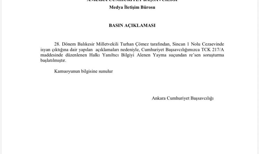 Sincan iddiaları sonrası milletvekili Çömez'e re'sen soruşturma