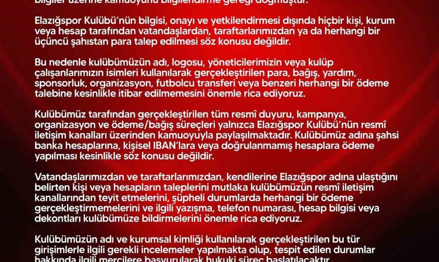 Taraftarları hedef alan sahte taleplere dikkat: Elazığspor'dan uyarı