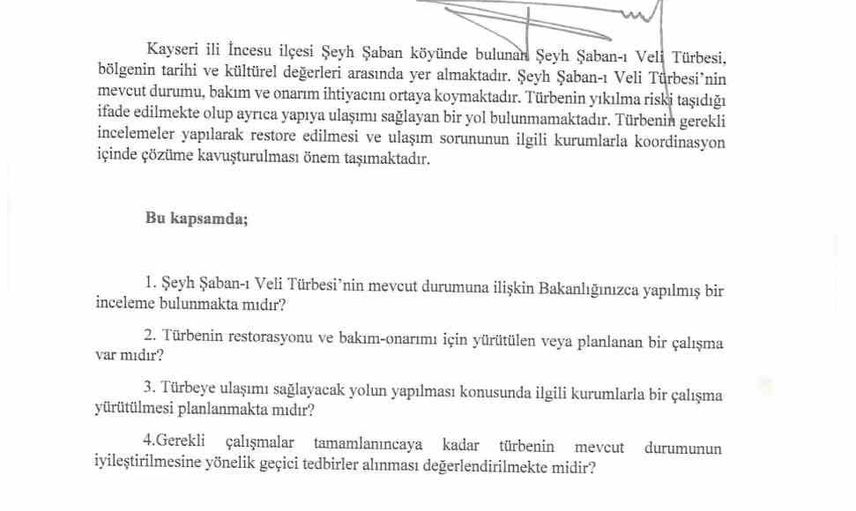 MHP'li vekilden Şeyh Şaban-ı Veli türbesi için bakım ve yol çağrısı