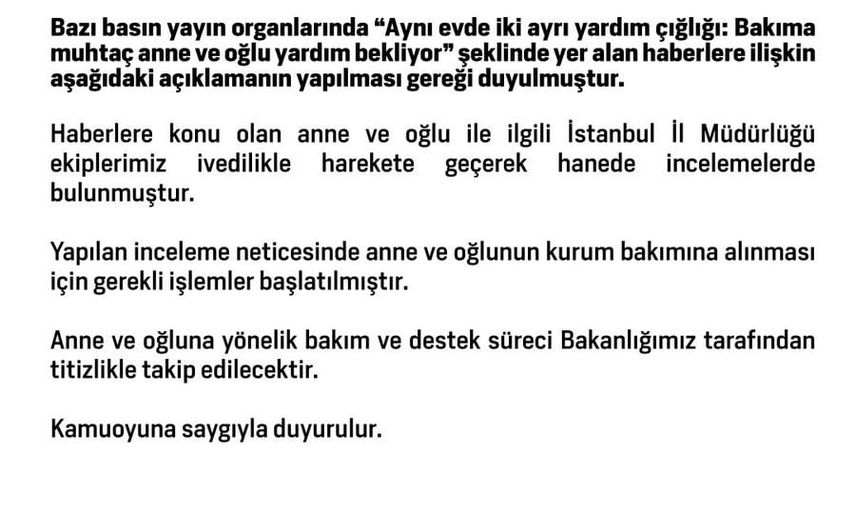 Bakanlık devreye girdi: bakıma muhtaç anne ve oğlu için kurum işlemleri başlatıldı