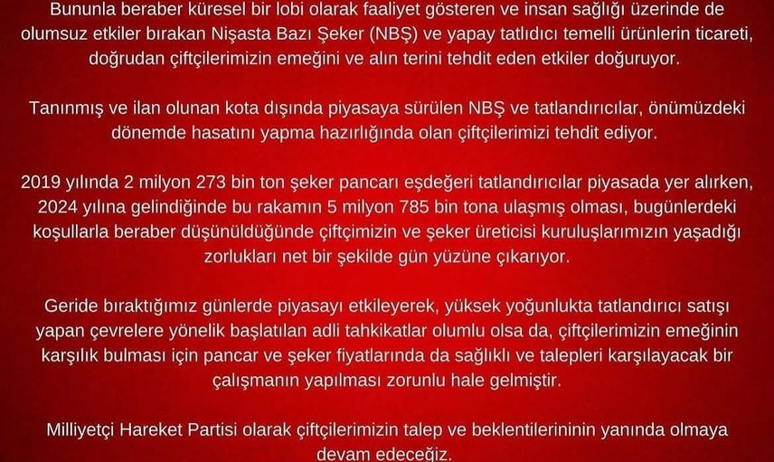 MHP'den çiftçilere destek çağrısı: NBŞ ve fiyat dengesizliği endişe yaratıyor