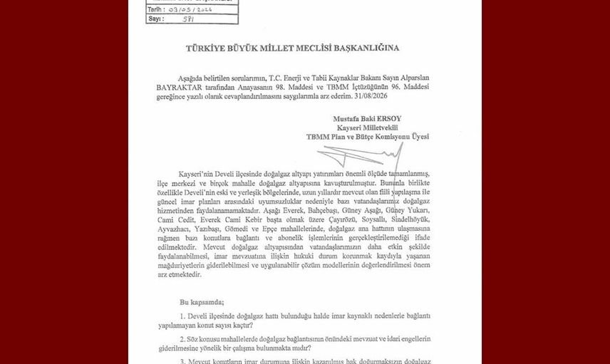 Doğalgaz hattı varken hizmetten mahrum kalan Develi'yi TBMM'ye taşıdı