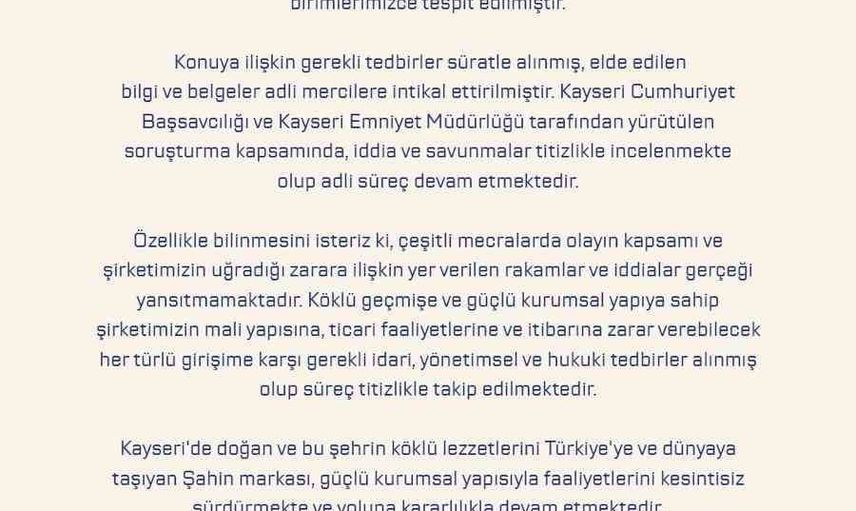 Kayseri markası Şahin Sucukları iddialara yanıt verdi