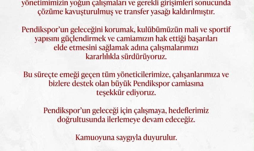Pendikspor mali disiplinle transfer yasağını kaldırdı