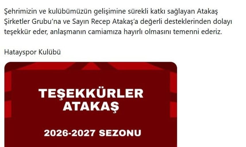 Atakaş'tan Hatayspor'a yeni sezon desteği: sırt sponsoru oldu
