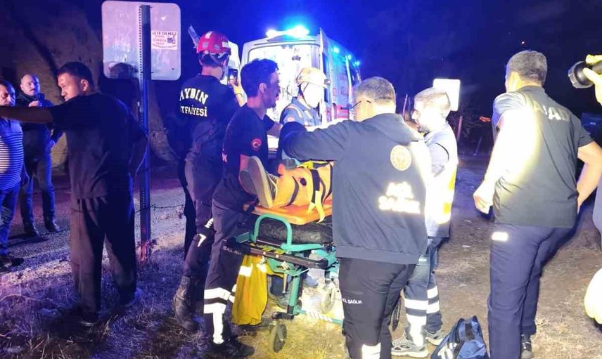 Aydın'da Horozköy mevkiinde virajı kaçıran otomobil uçuruma yuvarlandı