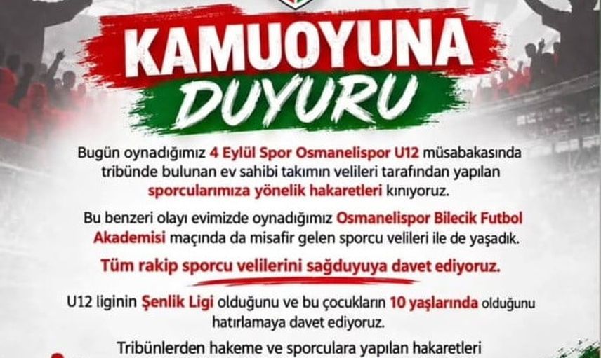Osmanelispor küçük yaşlardaki sporculara yönelik hakaretleri kınadı