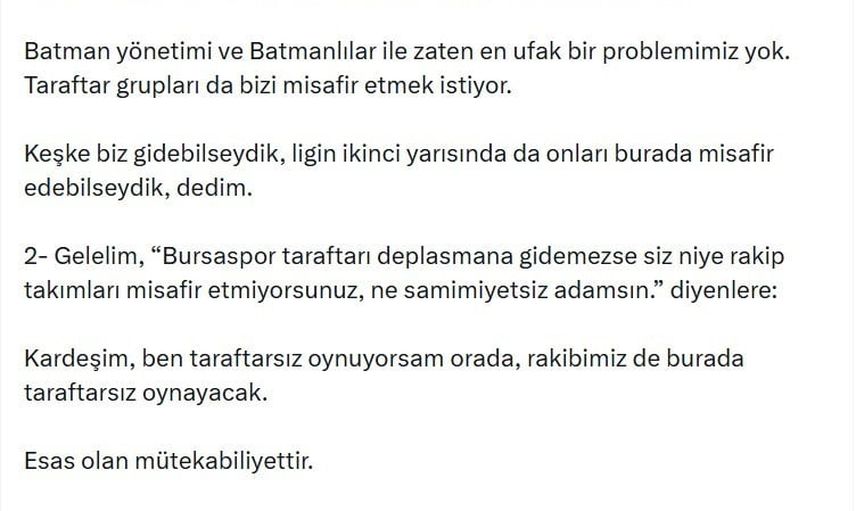 Bursaspor başkanı: misafirperverlikte ısrarcıyız, gerekirse ceza alırız