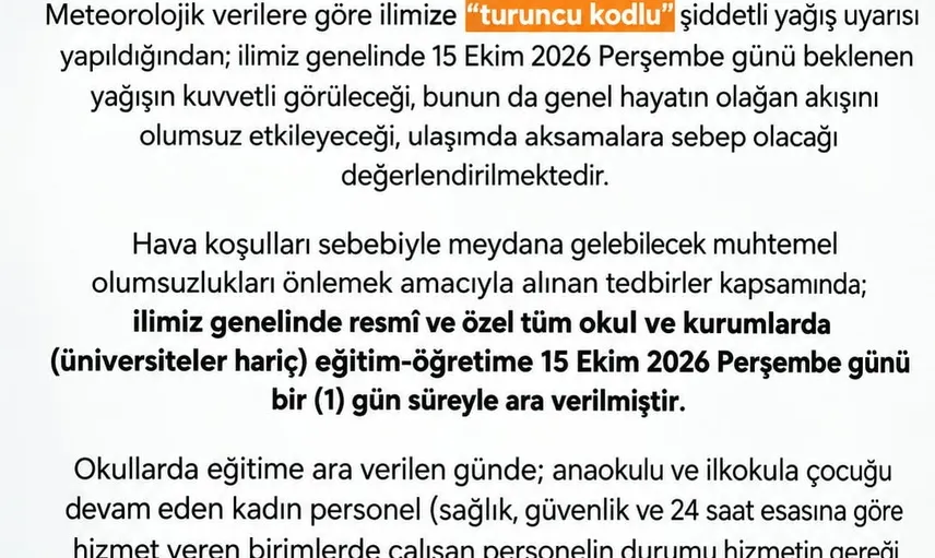 Sakarya'da turuncu kod uyarısı nedeniyle okullarda 1 günlük tatil kararı