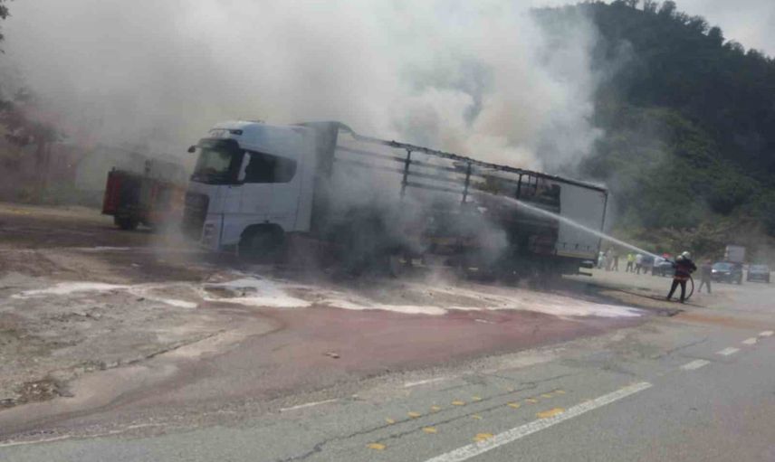 Espiye Karadeniz Sahil Yolu'nda dorse yangını itfaiye tarafından söndürüldü