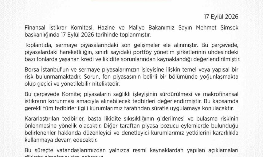 Finansal İstikrar Komitesi: Borsa İstanbul ve sermaye piyasalarında yapısal risk bulunmuyor