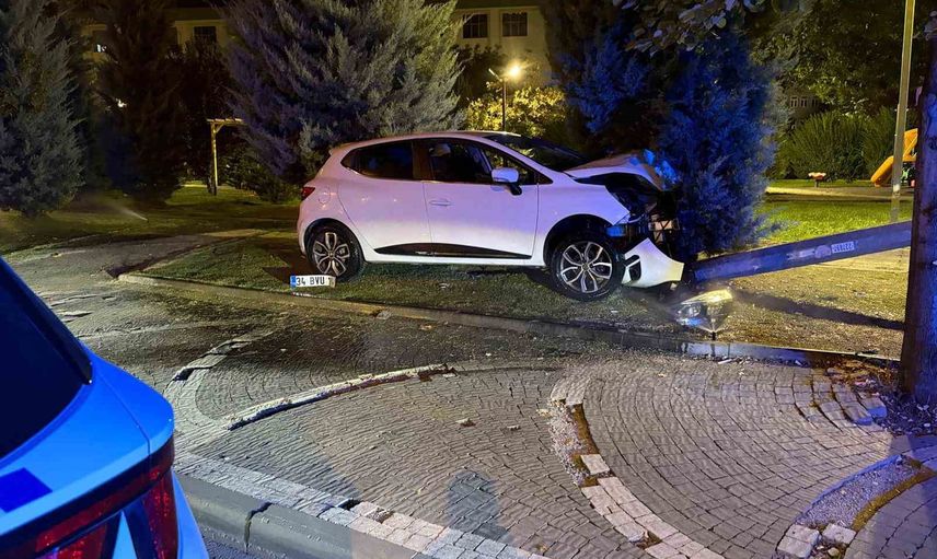 Kontrolden çıkan otomobil karşı şeride geçip park halindeki direği devirdi