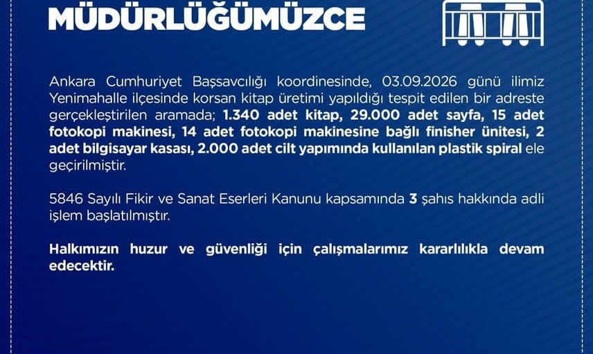 Yenimahalle'de korsan kitap atölyesi: bin 340 eser ve üretim ekipmanı bulundu
