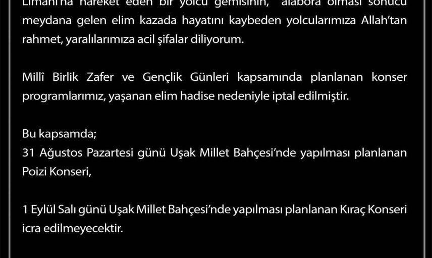 Uşak'ta gemi faciası nedeniyle gençlik kutlamalarında planlanan konserler iptal edildi