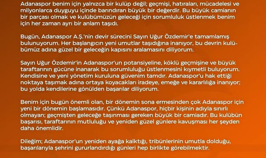 Adanaspor'da devir tamamlandı: Uğur Özdemir dönemi başladı