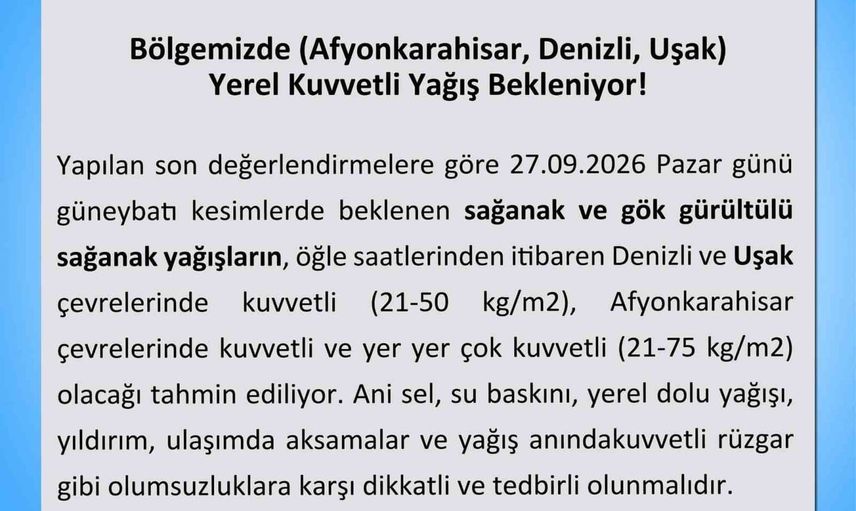 Uşak'ta pazar öğleden sonra için sel ve rüzgar riskine dikkat