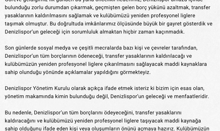 Denizlispor yönetim kurulu istifa ederek yeni kaynakların önünü açtı