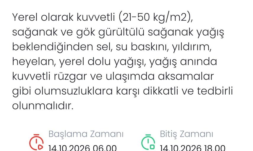 Denizli'de 14 ekimde bir günlük kuvvetli sağanak uyarısı