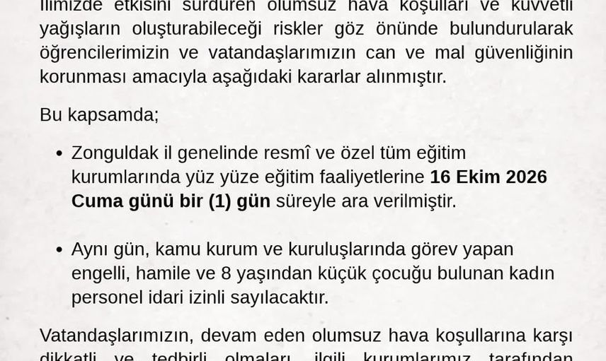 Zonguldak'ta kuvvetli yağış önlemi: eğitim bir gün durdu, bazı personele izin