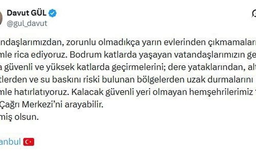 İstanbul valisi Davut Gül: vatandaşlara evde kalma çağrısı