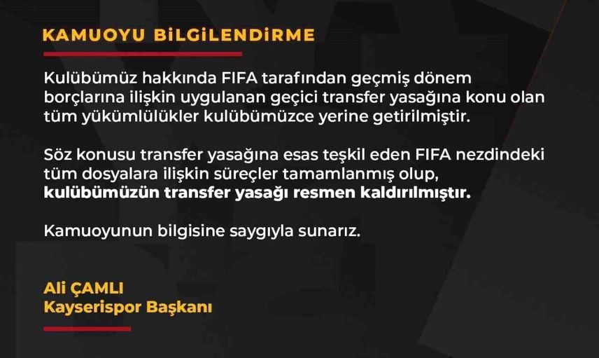 Kayserispor'un FIFA dosyaları tamamlandı: transfer yasağı kaldırıldı
