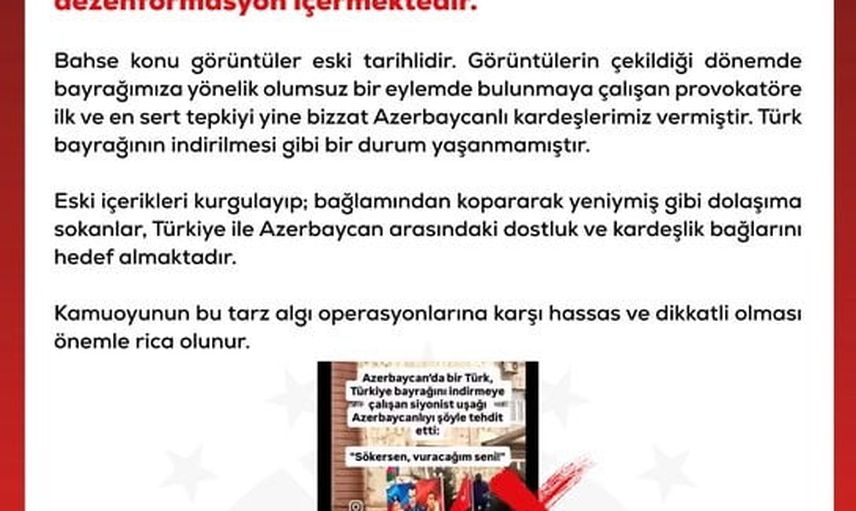 Dezenformasyon uyarısı: Azerbaycan'da Türk bayrağının indirildiği iddiası gerçeği yansıtmıyor