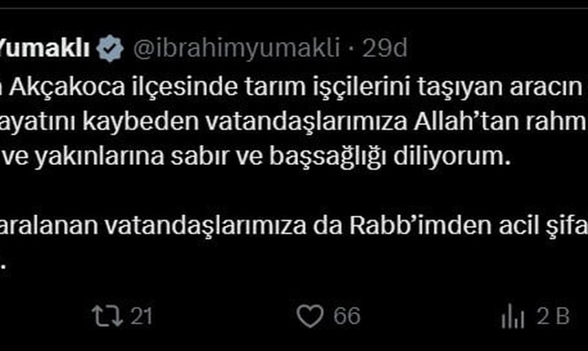 Bakan Yumaklı'dan Düzce'deki kazaya başsağlığı mesajı