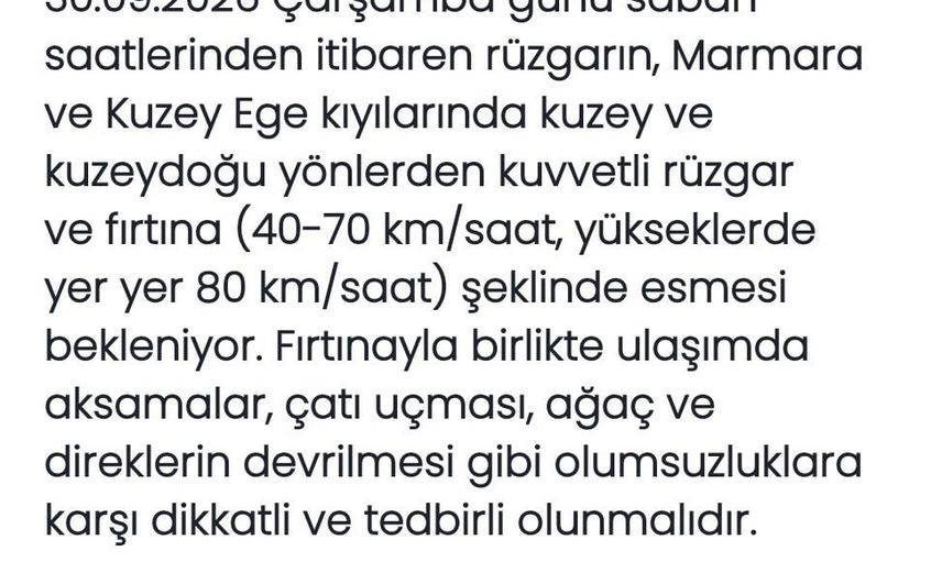 Kıyılarda kuvvetli rüzgar: Marmara ve Kuzey Ege için 30 Eylül fırtına uyarısı