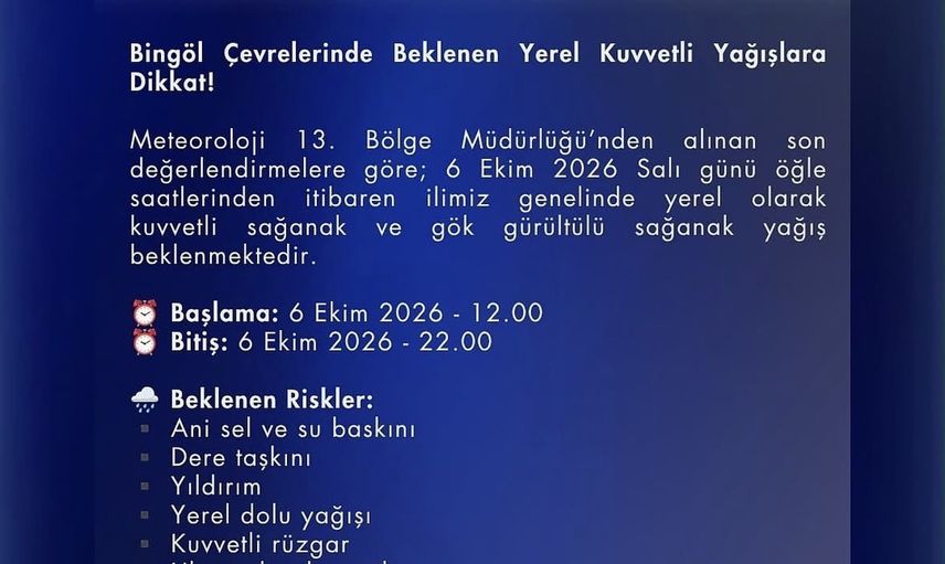 Bingöl'de öğle saatlerinden itibaren kuvvetli yağış uyarısı