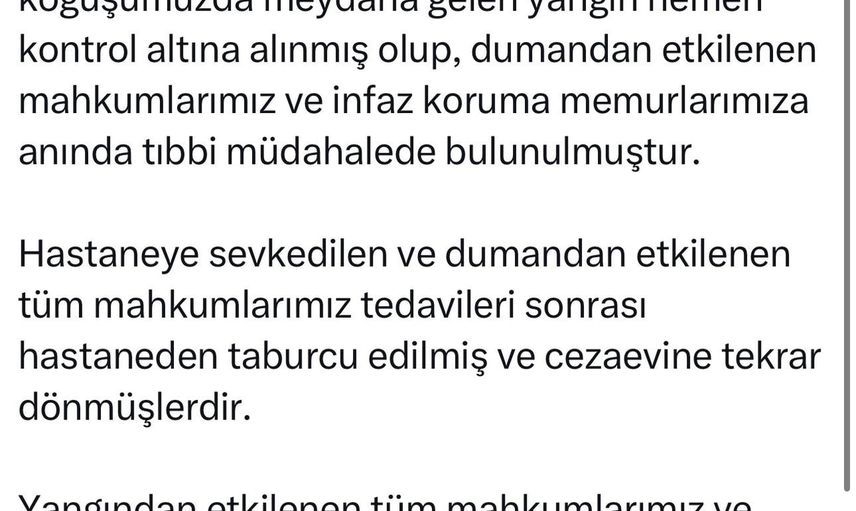 Dumandan etkilenen mahkumlar tedavilerinin ardından Elazığ T Tipi Cezaevi'ne döndü