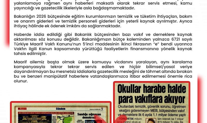 Bakanlık yalanlaması: bütçeden vakıf ve derneklere 1,1 milyar aktarıldı iddiası asılsız