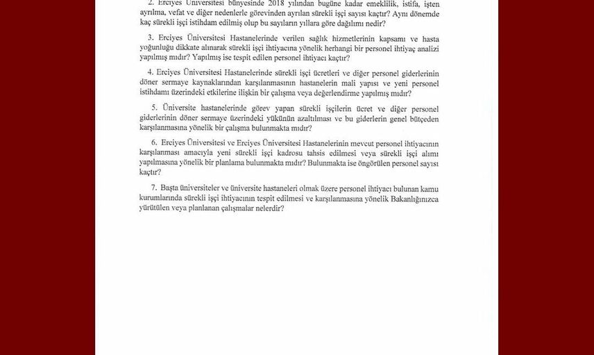 Baki Ersoy Erciyes Üniversitesi ve hastanelerindeki işçi açığını TBMM'ye taşıdı