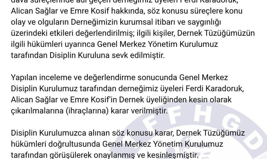 TFFHGD'den üç üyenin dernekten çıkarılma kararı