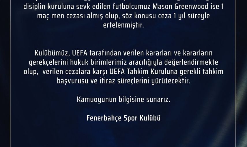Fenerbahçe'den UEFA kararına itiraz: tahkim başvurusu yapılacak