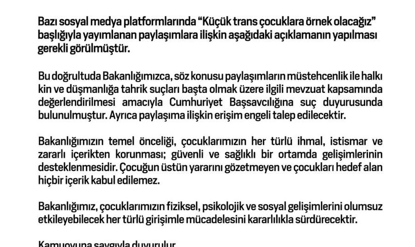 Bakanlık 'küçük trans çocuklara örnek olacağız' paylaşımları için savcılığa başvurdu