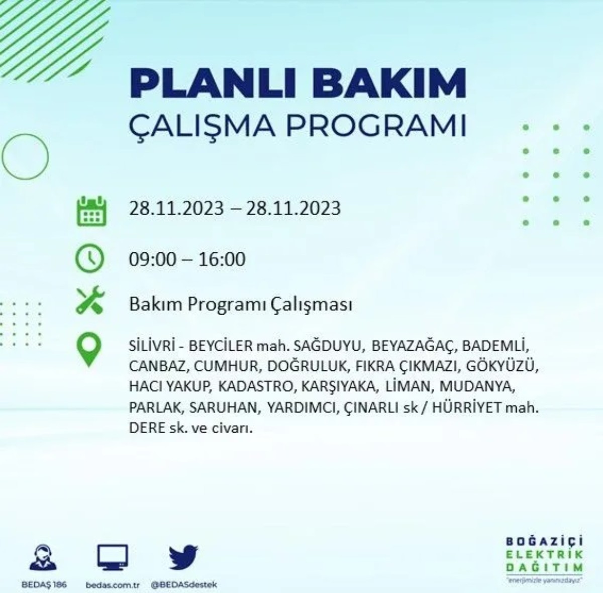 BEDAŞ 28 Kasım 2023 elektrik kesintisi olacak ilçeler