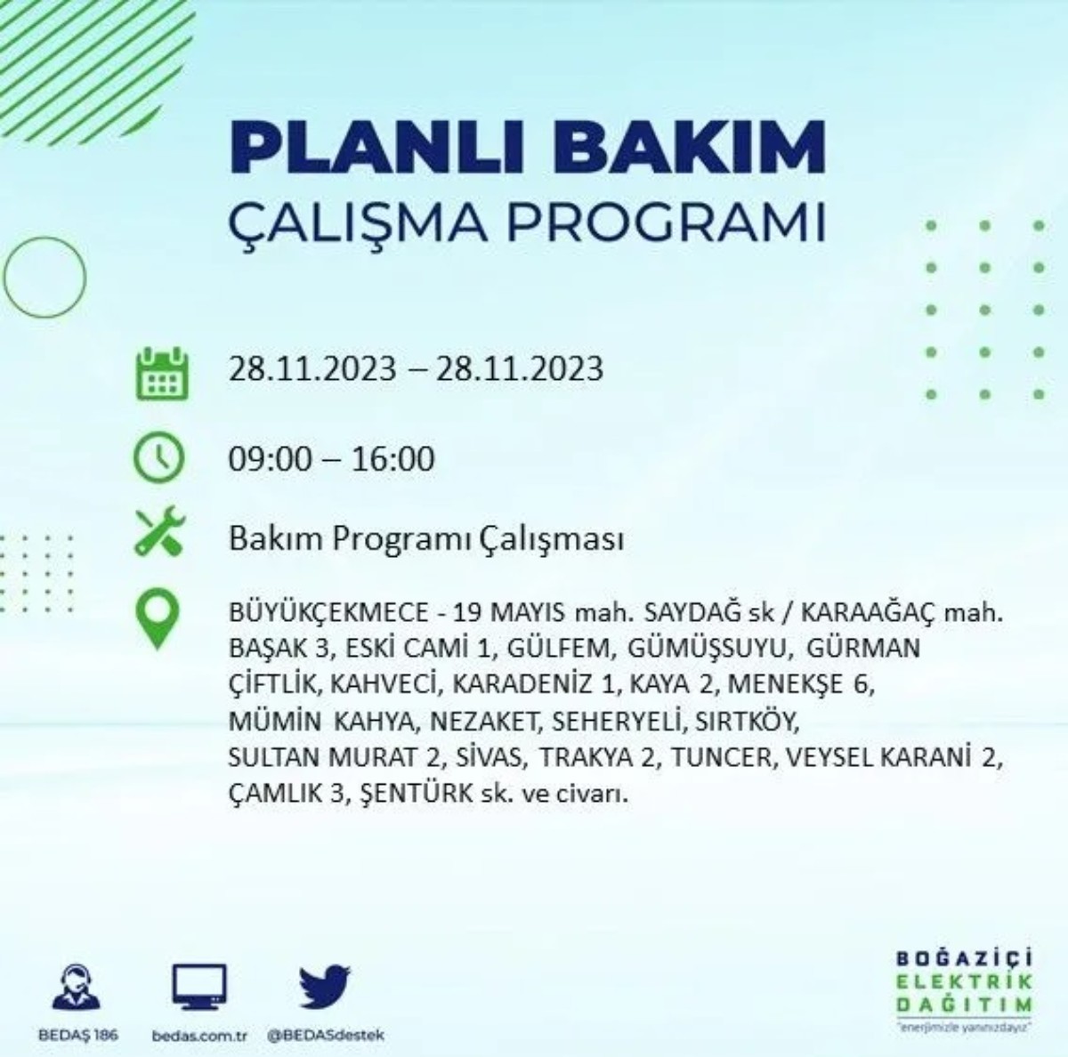 BEDAŞ 28 Kasım 2023 elektrik kesintisi olacak ilçeler