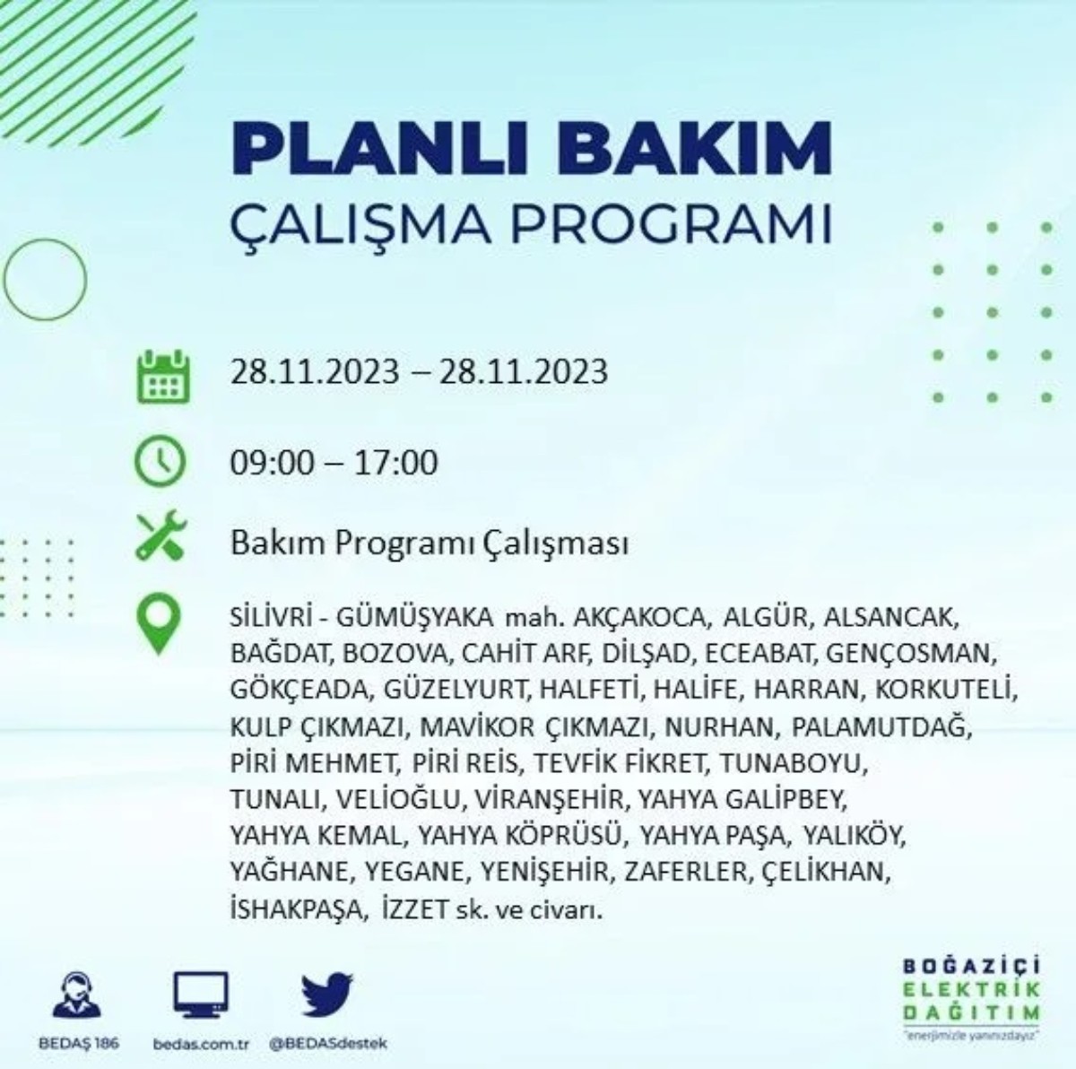 BEDAŞ 28 Kasım 2023 elektrik kesintisi olacak ilçeler