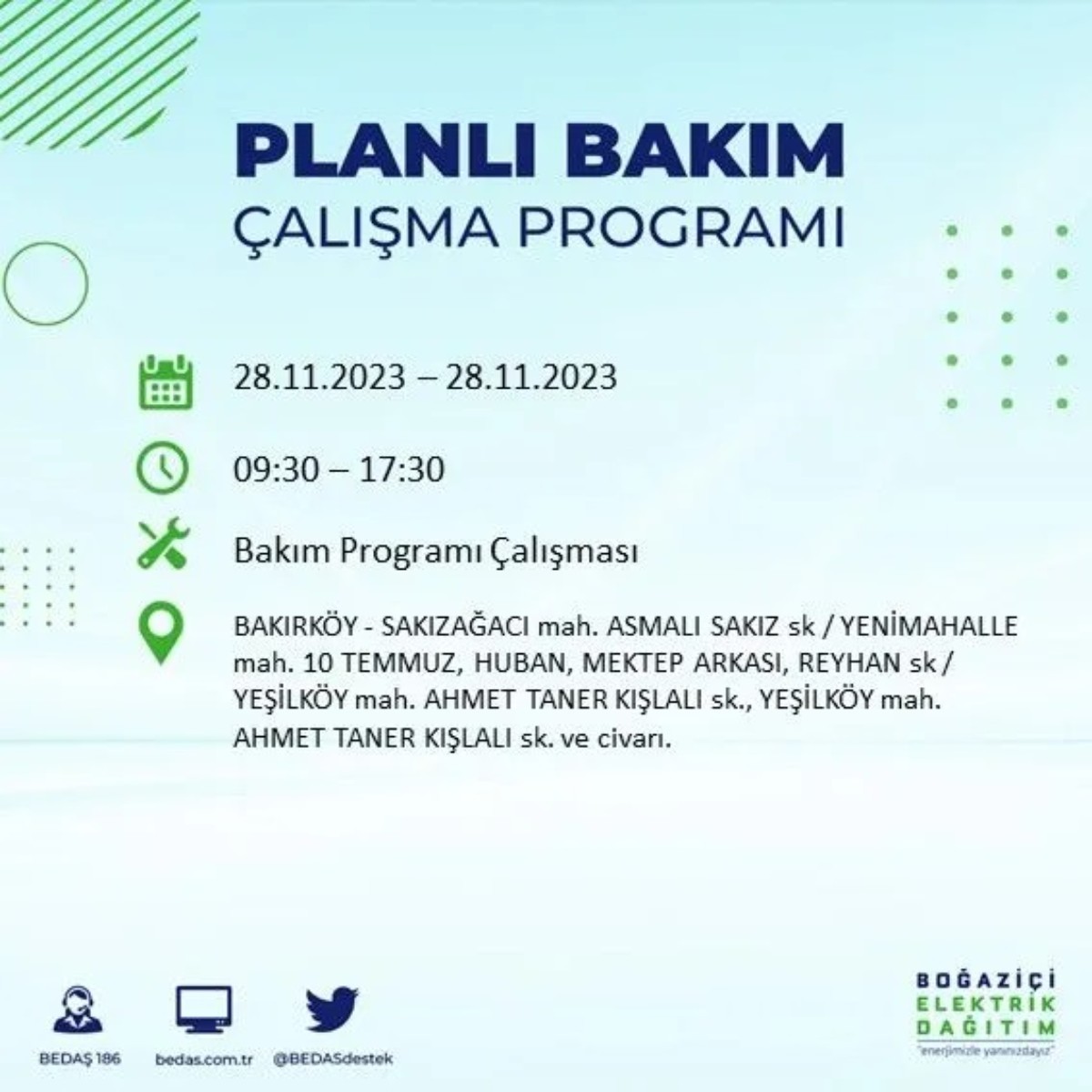 BEDAŞ 28 Kasım 2023 elektrik kesintisi olacak ilçeler