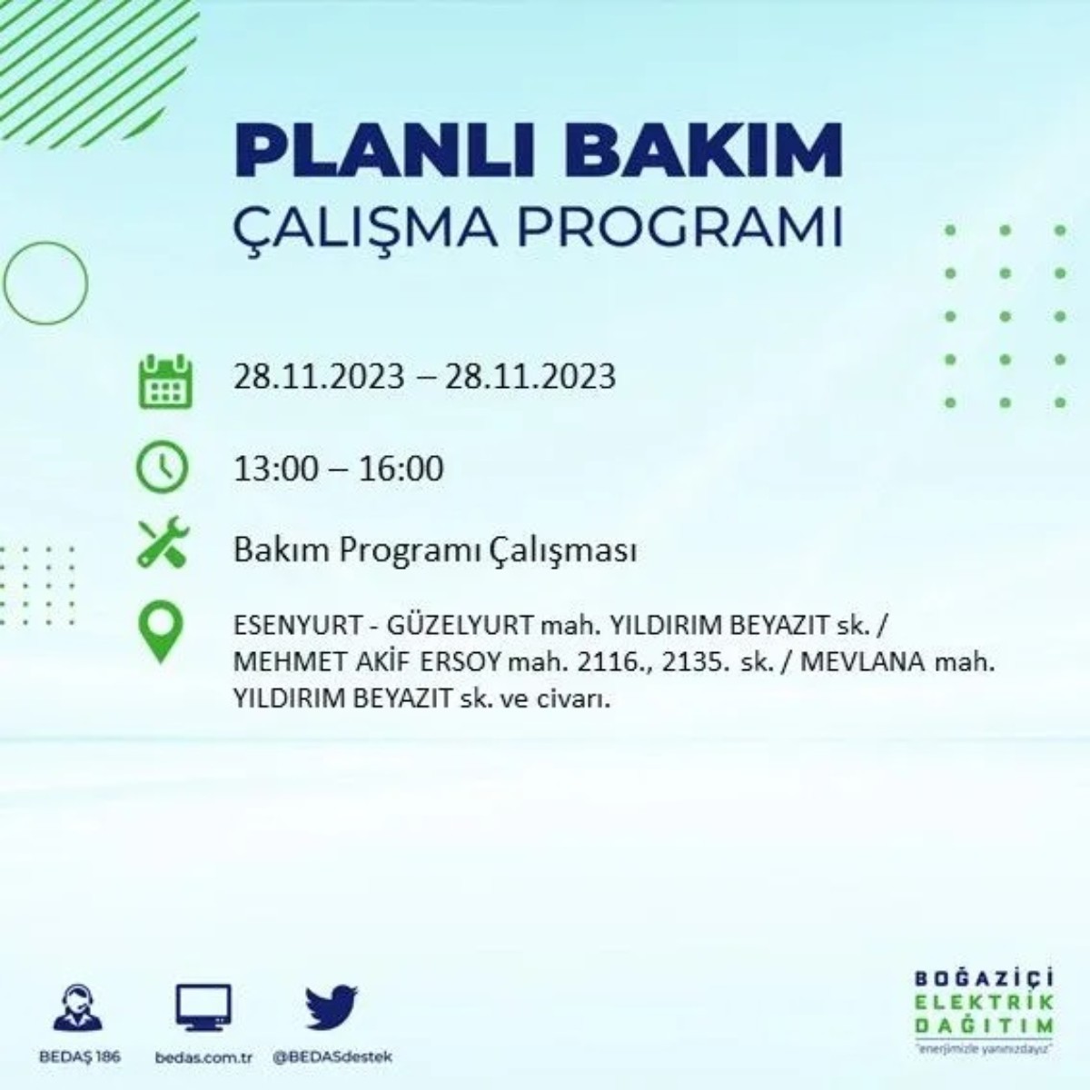 BEDAŞ 28 Kasım 2023 elektrik kesintisi olacak ilçeler