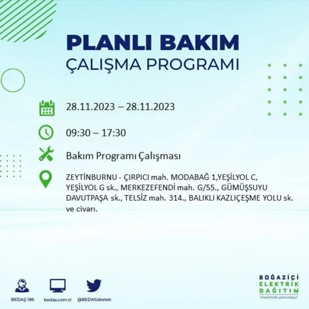 BEDAŞ 28 Kasım 2023 elektrik kesintisi olacak ilçeler