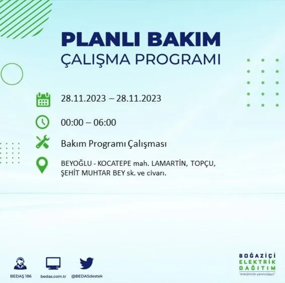 BEDAŞ 28 Kasım 2023 elektrik kesintisi olacak ilçeler