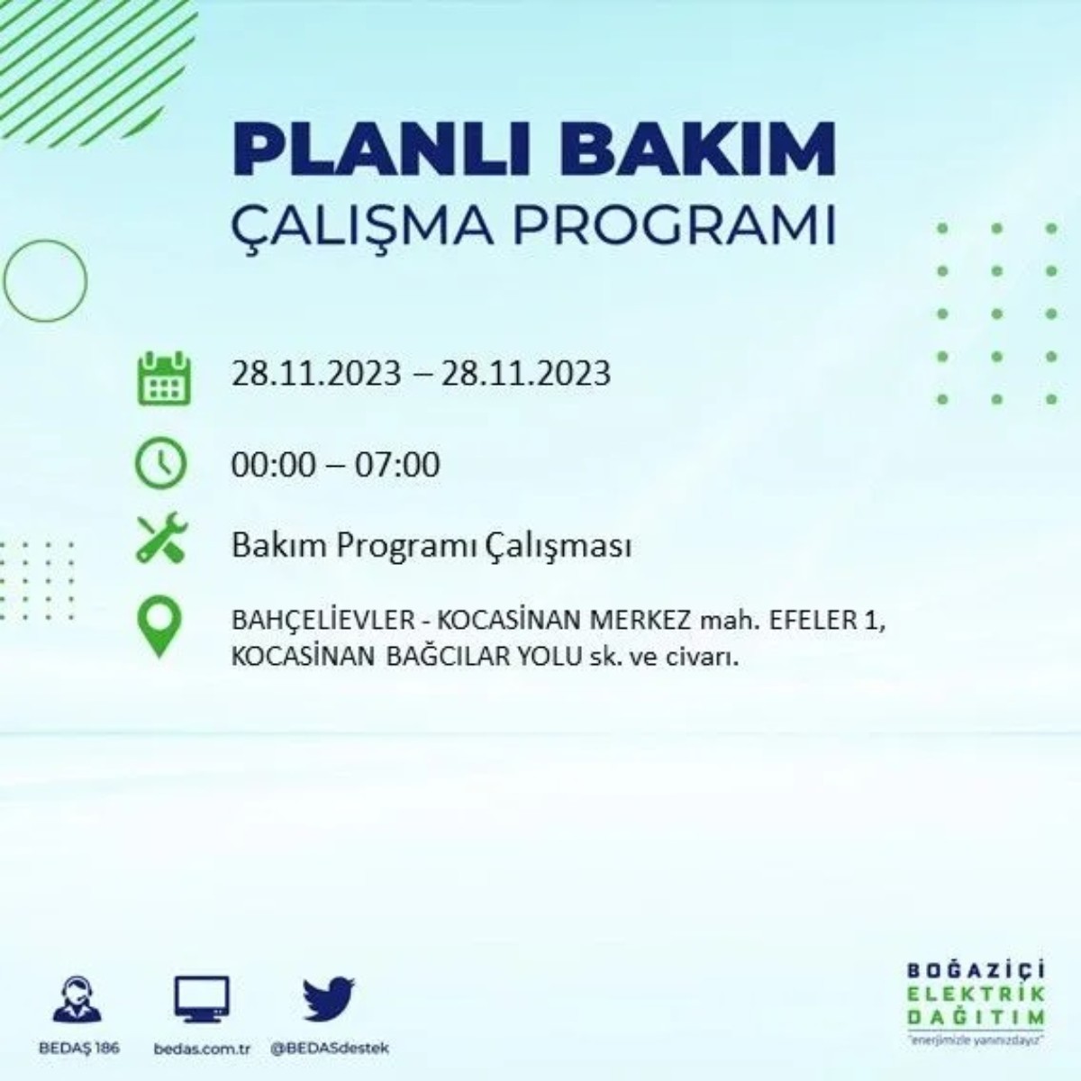 BEDAŞ 28 Kasım 2023 elektrik kesintisi olacak ilçeler