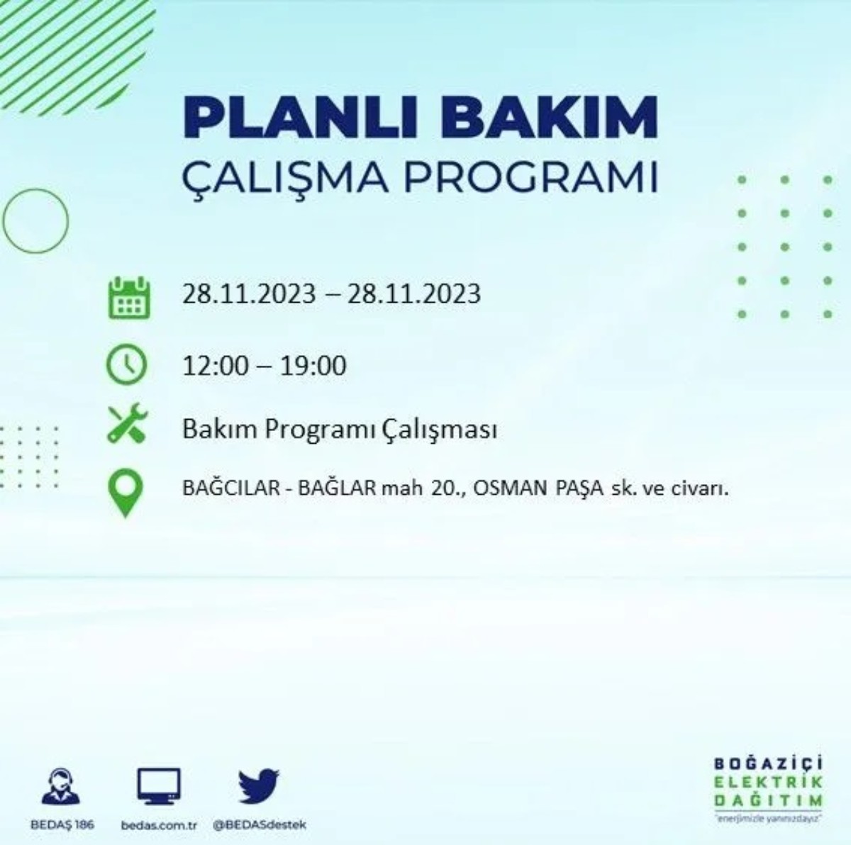 BEDAŞ 28 Kasım 2023 elektrik kesintisi olacak ilçeler