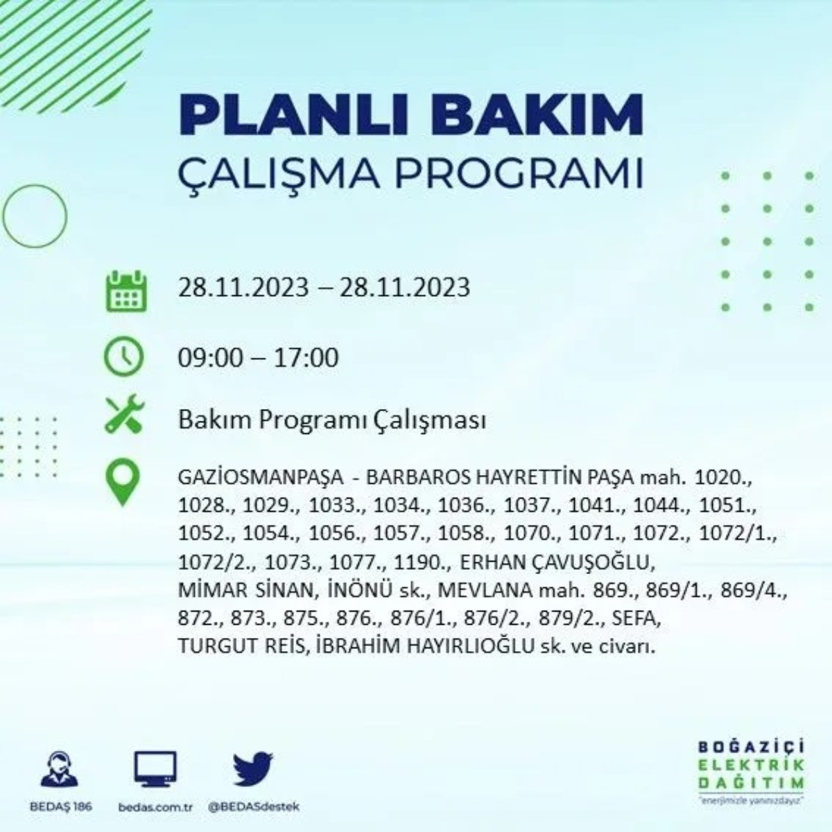 BEDAŞ 28 Kasım 2023 elektrik kesintisi olacak ilçeler