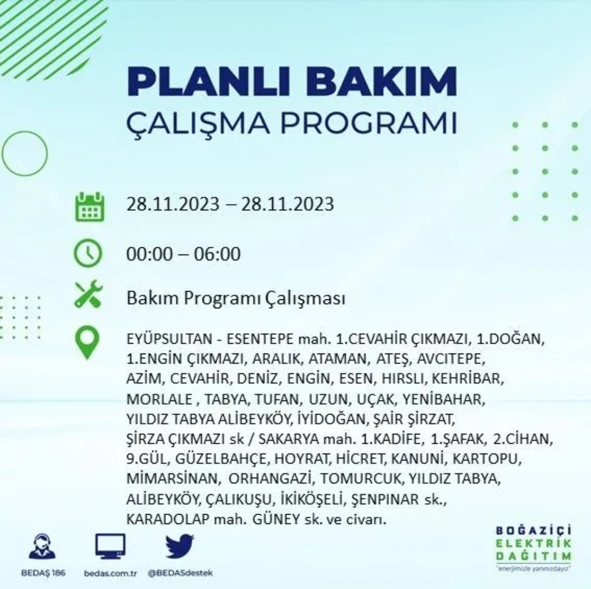 BEDAŞ 28 Kasım 2023 elektrik kesintisi olacak ilçeler