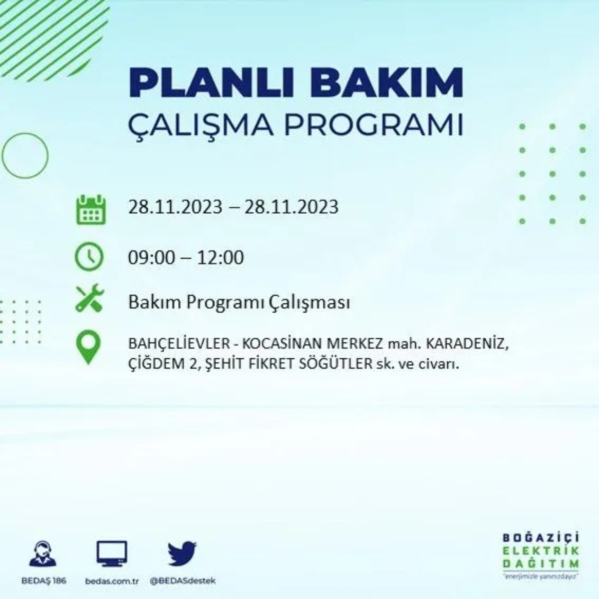 BEDAŞ 28 Kasım 2023 elektrik kesintisi olacak ilçeler