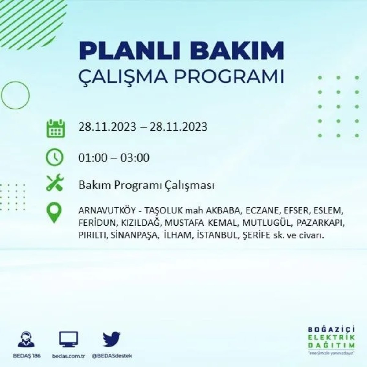 BEDAŞ 28 Kasım 2023 elektrik kesintisi olacak ilçeler